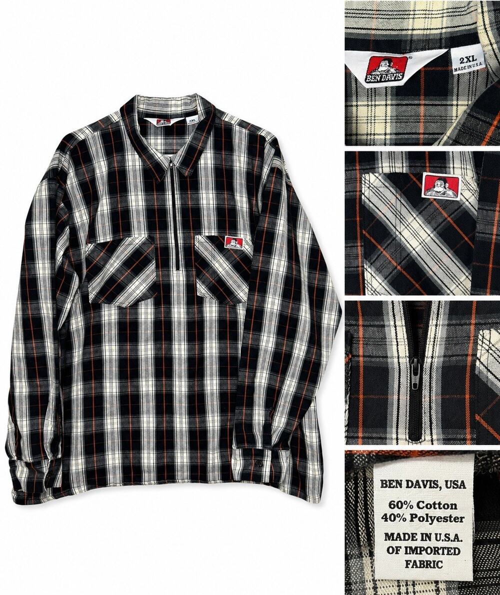 Ben Davis Shirt Mens XL Plaid 1/2 1/4 Zip Mechanic Work Chicano USA Made
